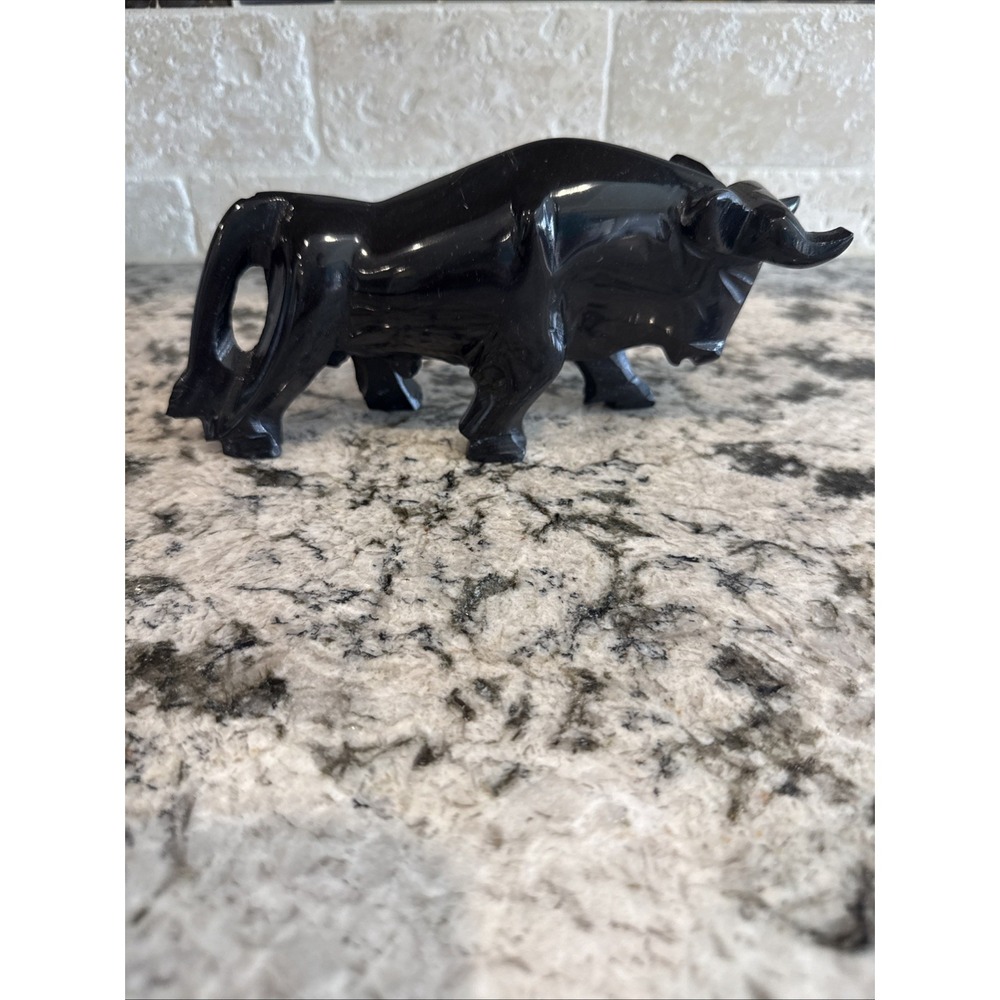 Vintage Hand Carved Marble Stone Charging Bull Sculpture Black Taurus
